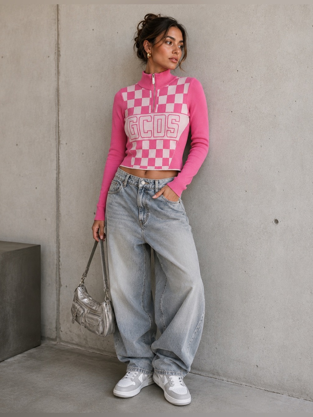 GCDS Pink Checkered Zip-Neck Knit Top